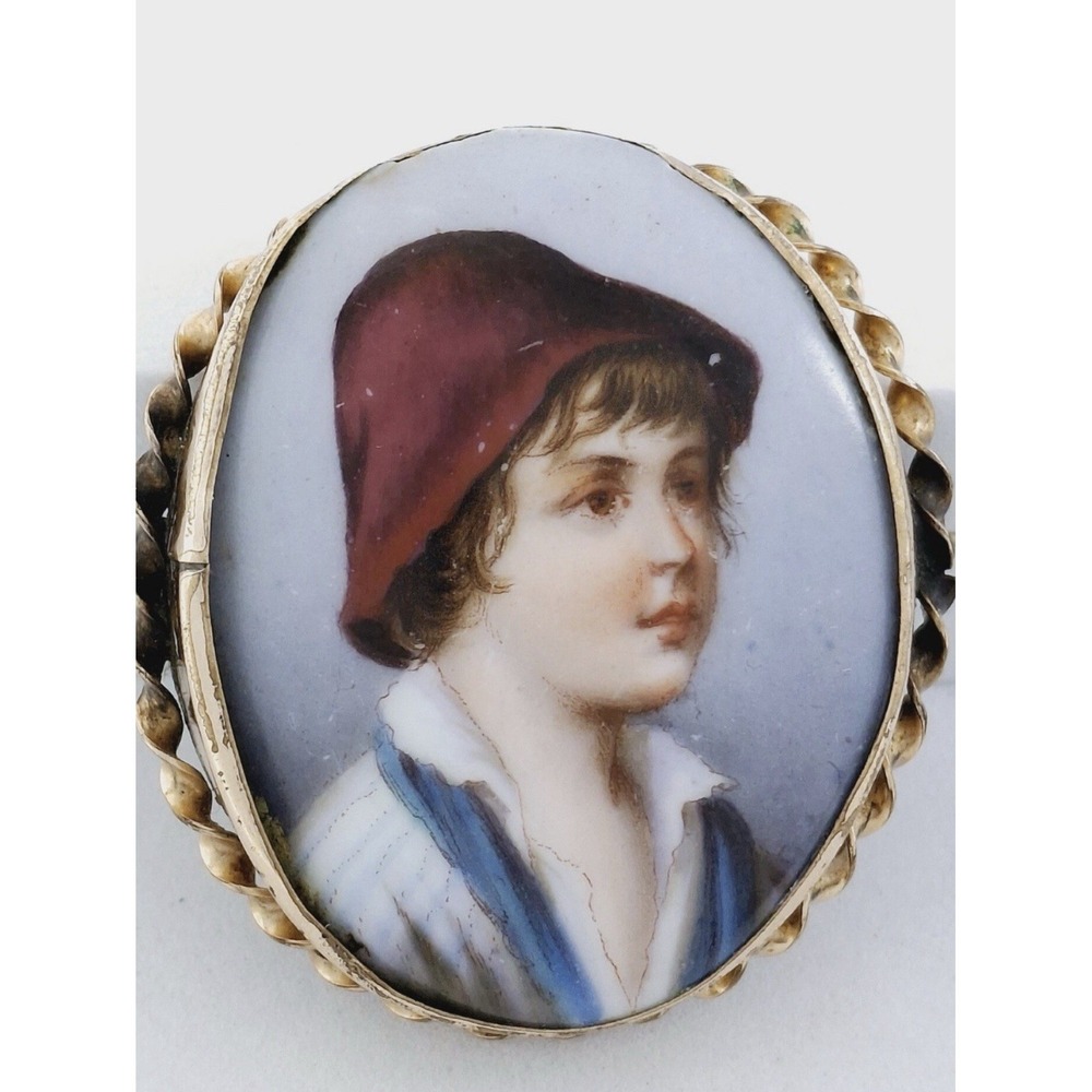 Antique Oval Porcelain Portrait Brooch of Young Boy with Cap.  Hand Painted